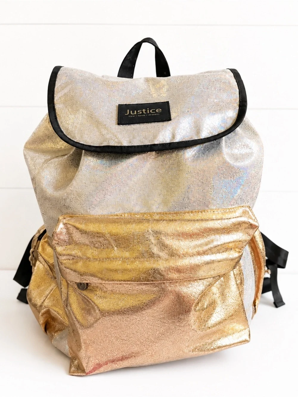 Justice Girls Metallic Gold Silver Shimmer Backpack Drawstring School Bag